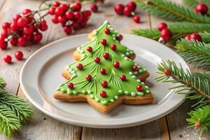Christmas cookies decorated with green icing on a plate photo