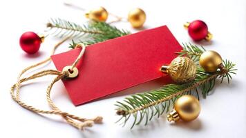 Red Gift Tag with Gold String on Plain White Background photo