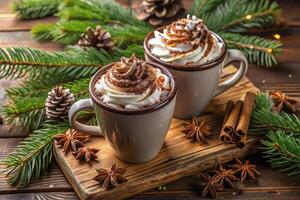 Two hot chocolate mugs with whipped cream and cinnamon on a wooden table photo