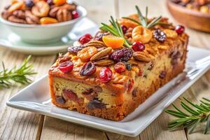 A piece of fruit cake with nuts and dried fruit photo