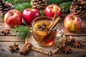 A cup of hot apple cider with cinnamon and star anise photo