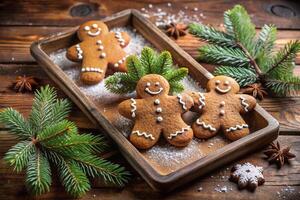 Gingerbread cookies on a wooden table with fir branches and pine cones photo