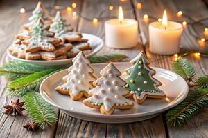 Christmas cookies on a plate with candles and fir trees photo