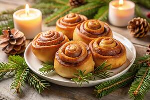 Christmas cinnamon rolls on a plate with pine branches and candles photo