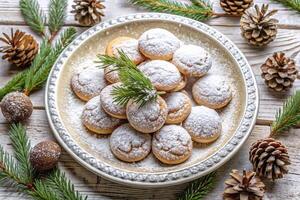 Christmas cookies on a plate with pine cones and fir branches photo