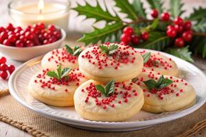 Christmas cookies on a plate with berries and candles photo