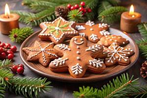 Christmas cookies on a plate with candles and fir branches photo