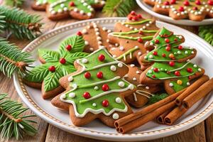 Christmas cookies on a plate with cinnamon sticks and fir trees photo