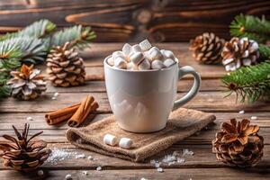 Hot chocolate with marshmallows and pine cones on a rustic wooden table photo