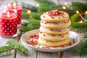 A stack of cookies on a plate with candles and christmas decorations photo