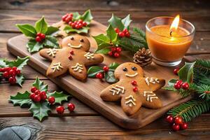 Gingerbread cookies and candle on wooden table photo