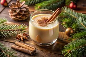 A glass of eggnog with cinnamon and pine cones photo