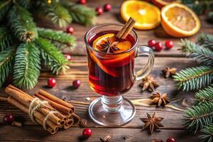 A glass of mulled wine with cinnamon, oranges and spices photo