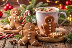 Gingerbread cookies and cup of hot chocolate on wooden table photo