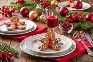 Holiday table with white plates and red napkins photo