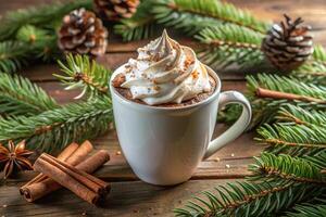 Hot chocolate with whipped cream and cinnamon on a wooden table photo