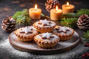 Christmas mince pies with cinnamon and pine cones on a wooden table photo