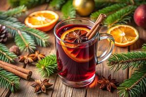 A glass of mulled wine with cinnamon, oranges and spices photo