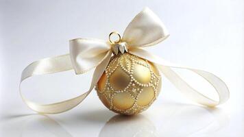 Gold Ornament with White Ribbon on White Background photo