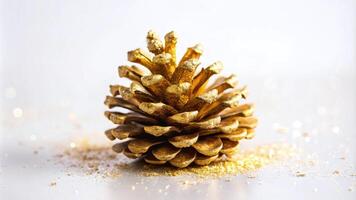 Small Pine Cone with Gold Spray on a White Backdrop photo
