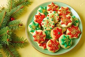 Christmas cookies on a plate with green and red decorations photo