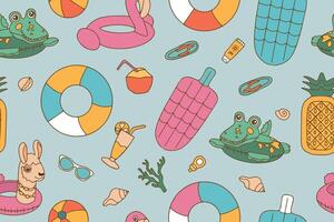 Seamless bright pattern of swimming elements in doodle style. Inflatable rings and beach accessories on a blue background.. vector