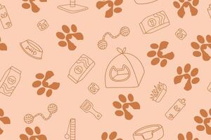 Seamless pattern of cat products in doodle style. Pet shop accessories icons set. vector