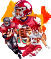 The red-clad American football player is about to pass the ball. Another is running to carry the ball. Another is sliding to score., hand-drawn watercolor painting illustration png