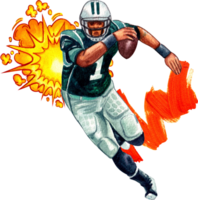 The number 1 American football player in the blue uniform runs with the ball forward. Behind him is a yellow and red explosion effect., hand-drawn watercolor painting illustration png