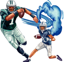 The number 1 American football player in the blue uniform is showing off his running steps, with a blue smoke effect in the background., hand-drawn watercolor painting illustration png