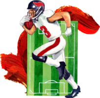An American football player in a white uniform runs with a ball. Behind him is a field in the upper corner and behind him is red smoke., hand-drawn watercolor painting illustration png