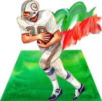 The red and green American football player No. 30 runs with the ball on the field. The background has a red and green speed effect., hand-drawn watercolor painting illustration png