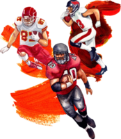American football players in red and white uniforms are running in various poses with a ball., hand-drawn watercolor painting illustration png