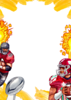 An American football player in a red uniform runs through yellow smoke, with an explosion effect and a silver trophy., hand-drawn watercolor frame design png