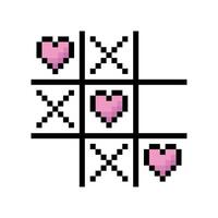 Pixel art icon of a tic-tac-toe game with a Valentine's theme. A charming, retro-inspired symbol of love in a playful, minimalist style. vector