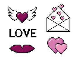 A set of 8-bit pixel icons of love, featuring hearts and love symbols, ideal for mobile applications and games. Retro pixel art style illustration. vector