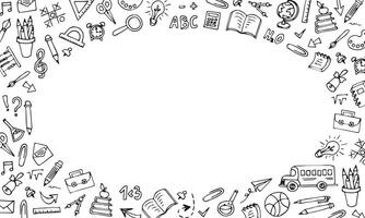 School doodle frame with place for text. Back to school. A sheet of paper is surrounded by school supplies. vector