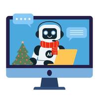 Cute chat bot robot with yellow laptop with a Christmas tree and a red scarf on on the computer monitor screen vector
