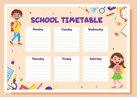 School timetable, lesson schedule and organizer template. Study weekly planner with school supplies and schoolchildren.