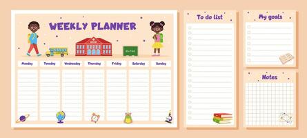 Weekly planner, to do list, notes, goals for children. School timetable, lesson schedule and organizer template with school supplies and schoolchildren. vector