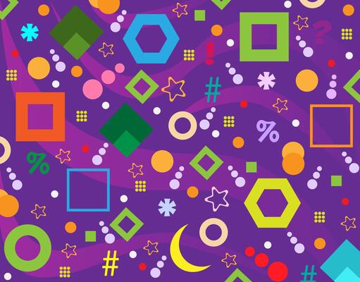 Vibrant Geometric Shapes with Symbols on Purple