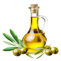 Bottle of olive oil and olives isolated on transparent background png