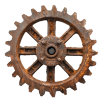A closeup of a gear made of metal with a rustic brown color isolated on transparent background png