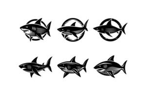 Fish Collection Icon, Shark Logos, Dolphin Silhouettes Art Set Circle isolated on white background vector