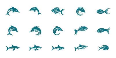 Set of different fishes icons logos, collection of fish isolated on white background vector