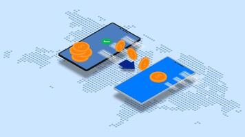 Money mobile transfer online global mobile financial transaction. Digital payments, phone transfer app and internet banking concept with 3d smartphone isometric vector
