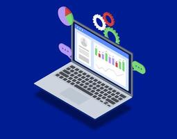 CRM customer relationship management software for sales, marketing and customer support with 3d isometric laptop vector