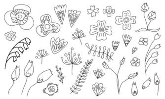 Hand drawn abstract wildflowers. Floral design with ornaments in Scandinavian style. Spring summer flowers blossom. Beautiful bouquet. Isolated illustrations on white background. Elements for design. vector