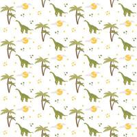 Seamless pattern with cute dino, dinosaur Brachiosaurus and palm tree, sun, clouds and stones, abstract children background vector
