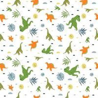 Seamless pattern with cute dino, dinosaur Brachiosaurus, T Rex, Stegosaurus ans leaves, abstract children background vector